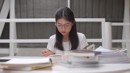 Young Woman Studying from a Book Indoors