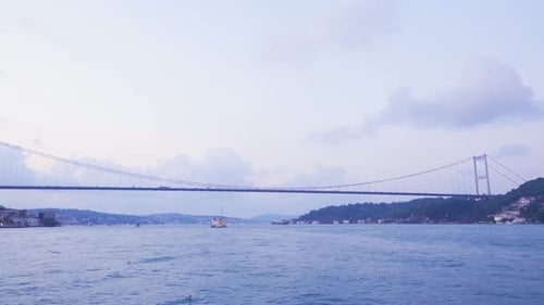 Cars and seagulls passing over the bridge in the Bosphorus.