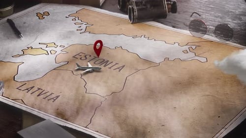 Vintage Map Travel Route with Location Pin Drop Animation