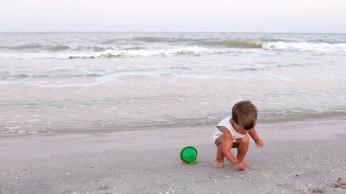 Kid Collects Shells and Pebbles in the Sea on a Sandy Bottom Under the Summer Sun on a Vacation