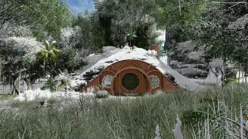 Snow Falling on Fantasy Dwelling in Lush Green Forest