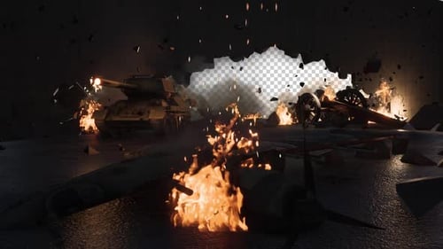 Tank Firing Explosions in War Zone with Alpha Channel