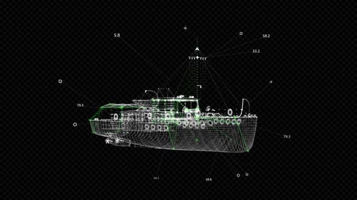 Futuristic 3D Wireframe Ship Animation with Data Overlay