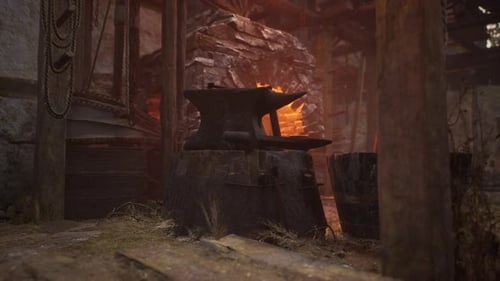 Blacksmiths Tools Hammer and Anvil in Old Blacksmiths Workshop