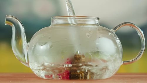 Water Poured into Glass Teapot with Blooming Tea