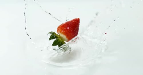 900025 Erdbeere, Fragaria vesca, Auf Wasser fallend, Zeitlupe 4K