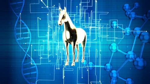 Futuristic Golden Horse with DNA Helix and Digital Circuit Lines