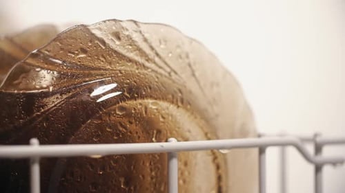 Close Up of a Wet Glass Plate in Dishwasher