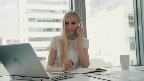 Serious Woman Working in Light Office Room. Elegant Modern Business Woman with Laptop and Papers at