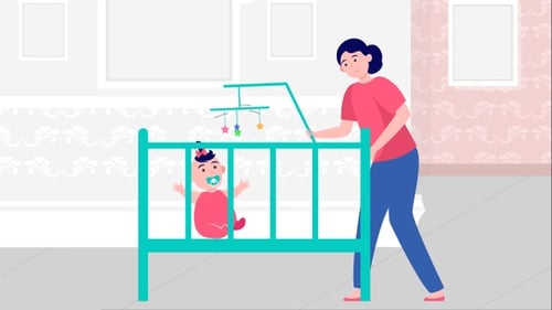 Flat Design Animation of Woman Playing with Baby in Crib