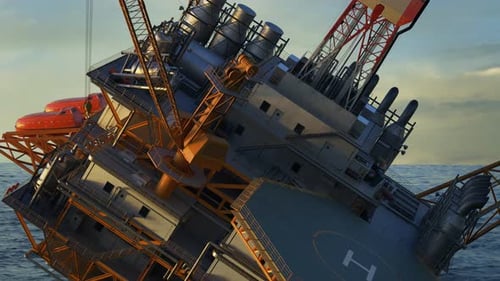 Sinking Oil Rig disaster. Collapsed offshore oil platform. Lifeboats on the sea.