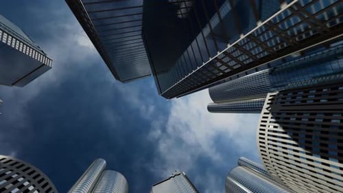 La cámara del centro de negocios sube bruscamente hacia arriba a lo largo de los rascacielos con espejos