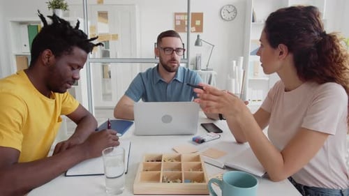 Three Diverse Colleagues Communicating in Office
