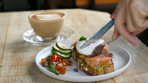 Avocado Toast with Coffee is Cut Open