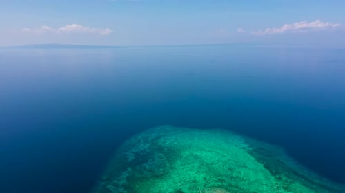 Island with a Tropical Beach and Turquoise Lagoons. Tropical Island on a Coral Reef, Top View.