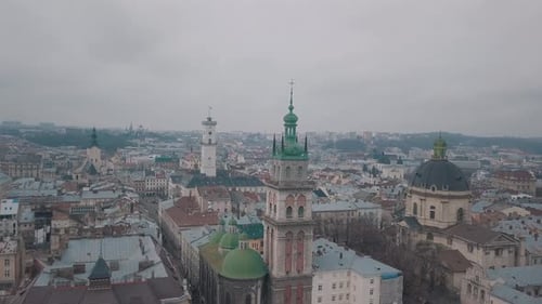 Aerial City Lviv, Ukraine. European City. Popular Areas of the City. Dominican