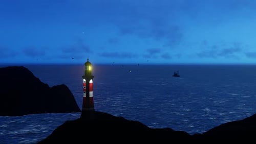 Animated Lighthouse Guiding Ships at Night on a Rocky Coast
