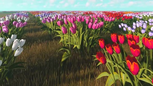 Flying Through a Colorful Field of Animated Tulips