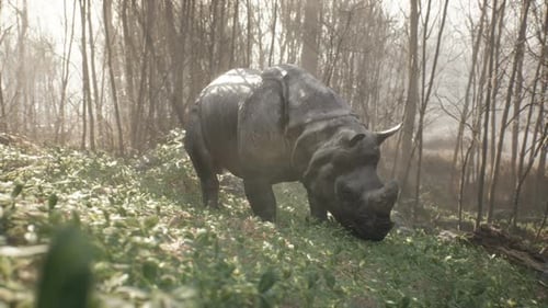 Realistic Rhinoceros Grazing in Forest with Sun Rays Animation