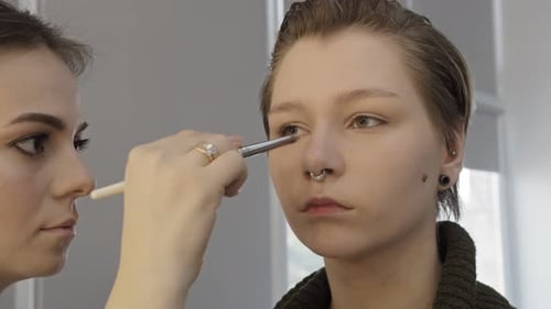 Makeup Artist Applying Foundation With Brush in Studio