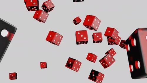 Rote Würfel fallen auf weißem Hintergrund.