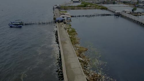 People Walking and Playing Around the Docks. Aerial View