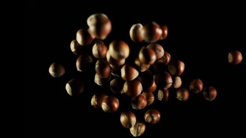 Hazelnuts Tossed in Air Against a Black Backdrop