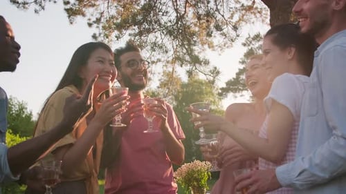 Friends Celebrate with Drinks in Outdoor Gathering
