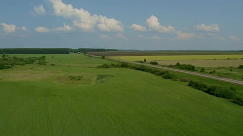 Green and yellow rural fields with blue sky in summer time