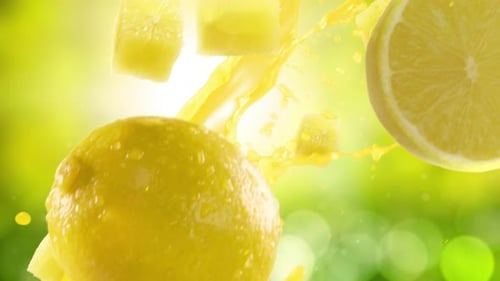 Lemon with Slices Falling on Garden Background