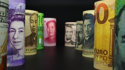 Foreign currency money exchange concept. Many banknotes of different nations.
