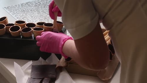 Filling Waffle Cones with Melted Chocolate