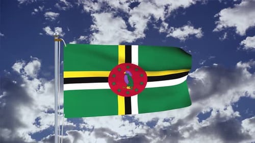 Dominica Flag Waving on a Flagpole Against a Blue Sky