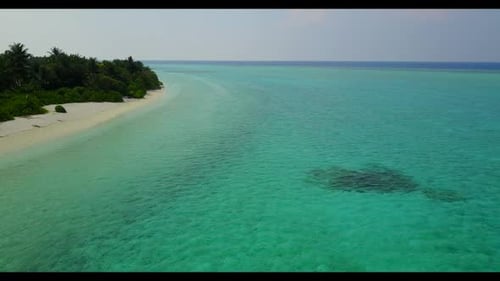 Aerial top down sky of marine coastline beach journey by blue lagoon and white sand background of a