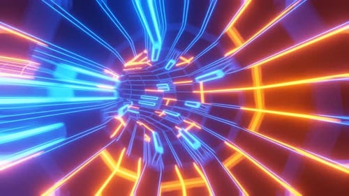 Túnel alámbrico abstracto de color azul-naranja. La velocidad del túnel de la luz