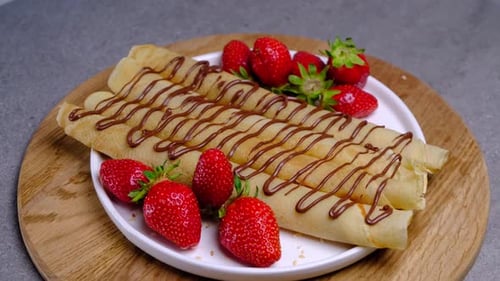 Crepes with Chocolate and Strawberries close up