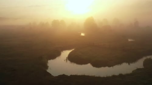 Atmospheric Aerial Flyover Amazing Foggy Valley Trees and River Covered with Thick Mist on Epic Warm