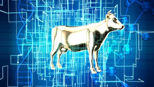 Futuristic Golden Cow and DNA Helix Scientific Animation