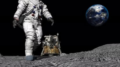 Astronaut Walks on Moon with Earth in Background 3D Animation