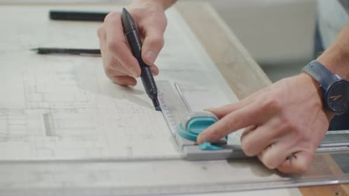 Architect's Desk Drawings Maßband, Lineal und andere Zeichenwerkzeuge