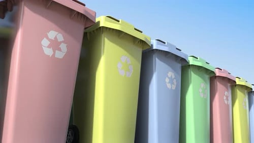 Panning Row of Colorful Recycling Bins