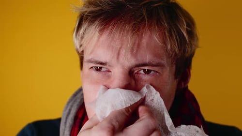 Man with Runny Nose Using Tissue