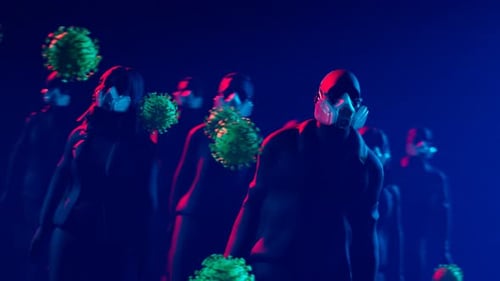 Medical Safety: People in Gas Masks and Virus Particles