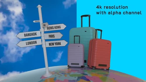 Animated 3D Globe with Luggage and Travel Destination Signpost