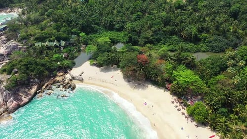 Aerial drone landscape of tranquil shore beach voyage by transparent sea and white sand background o