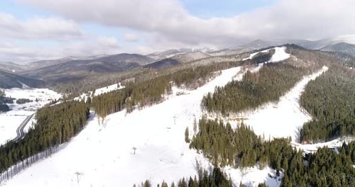 Aerial View of the Ski Resort in Mountains at Winter