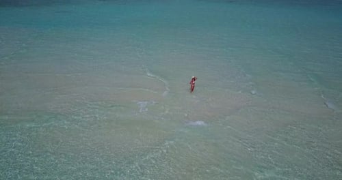 Beautiful Smiling Lady Relaxing Spending Quality Time at The Beach on Summer White Sand and Blue