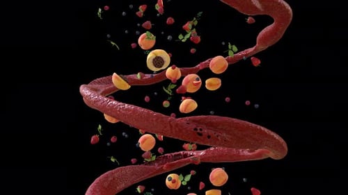 Falling Fresh Fruits and Berries Swirling in Red Juice Flow