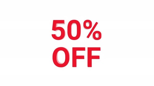 50 Percent Off Discount Text Motion Graphic Element Minimalistic Animation Red on White Background