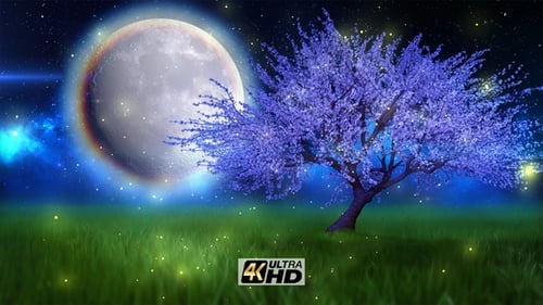 Enchanted Moonlit Night with Glowing Purple Tree Landscape